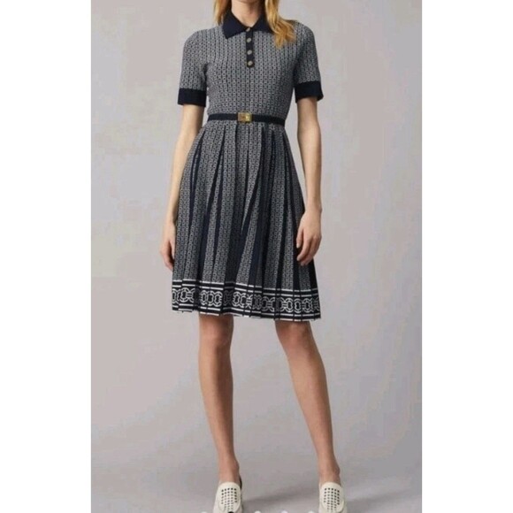 Tory Burch GEMINI LINK POLO DRESS Navy Blue White Size XS Jacquard NO BELT - Picture 1 of 8
